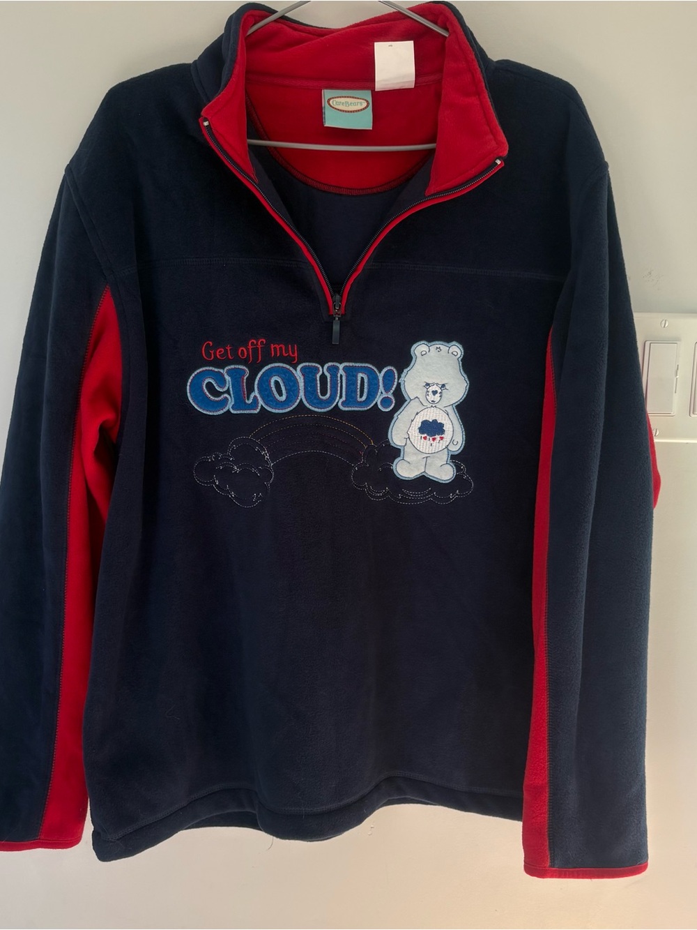 Vintage Care Bears Grumpy Bear Fleece 1/4 Zip Pullover Navy Blue Red Kids L 12/1